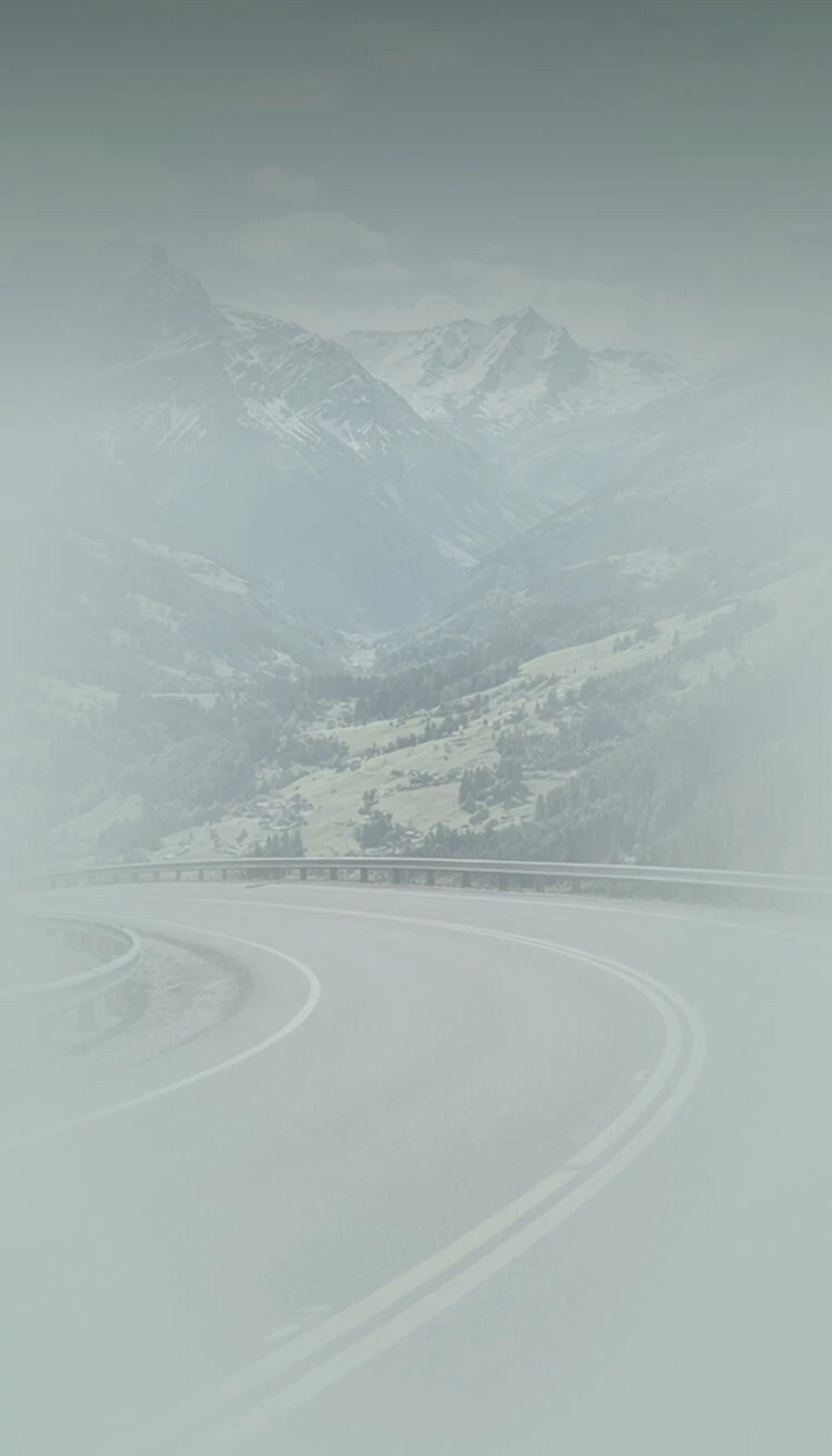 landscape, snow, road, fog, mountain, winter, travel, nature, highway, ice, sky, mist, light, cold, street, no person
